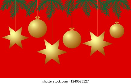 Christmas background with golden balls, stars and branches christmas tree on red background.