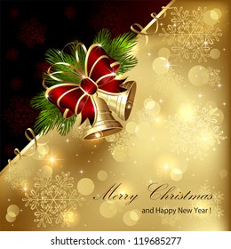 Christmas background with golden bells, bow and tinsel, illustration.