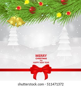 Christmas background with golden Christmas bells, fir branches, red balls, red bow and snowflakes