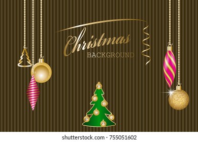 Christmas background. Golden christmas decorations and fir tree. Vector illustration EPS10