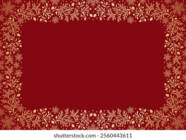 Christmas background with golden frame of berries, pine branches and snowflakes on a red background. Elegant winter botanical pattern for invitation, greeting card, cover, packaging, banner design