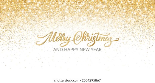 Christmas background. Golden glitter lights isolated on white. Merry Christmas calligraphy text. Holiday banner for Christmas Sale, party posters, invitations. Luxury metallic frame, border. Vector.