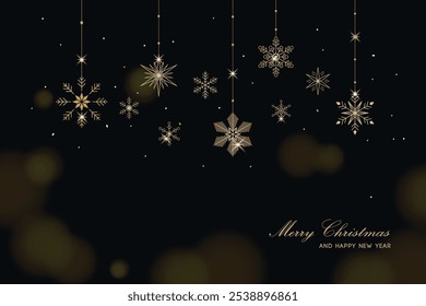 Christmas background with golden hanging snowflakes. Vector illustration
