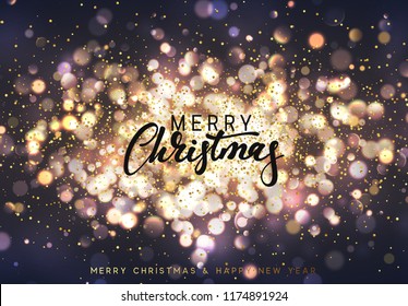 Christmas background with golden lights bokeh. Xmas greeting card. Magic holiday poster, banner. Night bright gold sparkles background