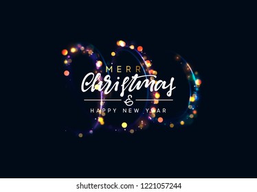 Christmas background with golden lights bokeh. Xmas greeting card. Magic holiday poster, banner. Night bright gold sparkles background. Merry Christmas and Happy New Year