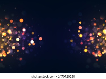 Christmas background with golden lights bokeh. Night bright gold sparkles backdrop.