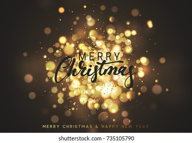 Christmas background with golden lights bokeh. Xmas greeting card. Magic holiday poster, banner. Night bright gold sparkles background