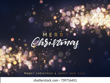 Christmas Background With Golden Lights Bokeh. Xmas Greeting Card. Magic Holiday Poster, Banner. Night Bright Gold Sparkles Background