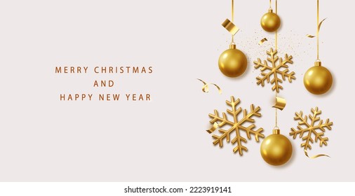 Christmas Background with golden realistic snowflakes and shiny balls. Christmas poster, greeting cards. Flat lay, top view. Holiday composition.