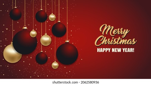 Christmas background with Christmas golden and red balls. Happy New Year decoration baubles. Elegant Xmas banner or poster. Vector illustration.