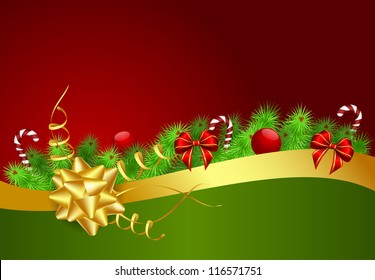 christmas background with golden and red ribbons, candy-canes, balls and green needles, vector illustration, contains gradients and transparency, eps10