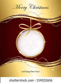 Christmas background with golden ribbon and bauble, illustration.