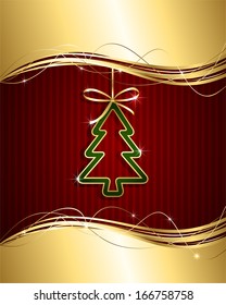 Christmas background with golden ribbon and green Christmas tree, illustration.