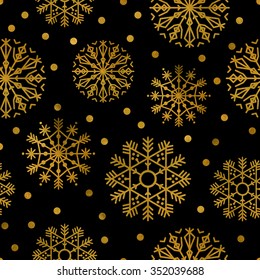 Christmas background with golden snowflakes. Vector background for gift packaging, invitation card, cover, web, wallpaper, wrapping, textile or holiday decor.