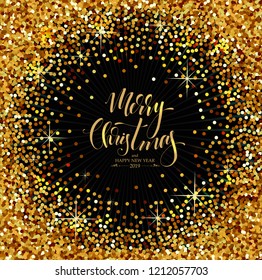 Christmas Background with golden sparkles, modern Hand Drawn Lettering, vector illustration, luxury backdrop for your Holiday designs