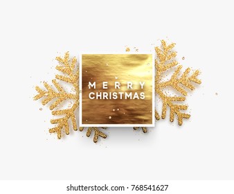 Christmas background, golden square frame with shining gold snowflakes sprinkled sparkles. Xmas greeting illustration. Vector card, poster, banner,