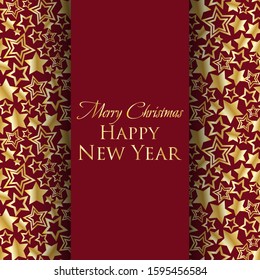 Christmas background with golden stars on a colored card.. Merry christmas card. Winter holiday theme. Happy New Year. Space for text. Happy Holidays. Vector illustration.
