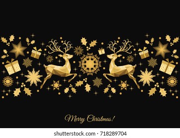 Christmas  background. Golden Xmas  tree decoration. Happy New Year pattern. Gold   reindeer and  snowflakes. Vector template  for greeting  card or party invitation .