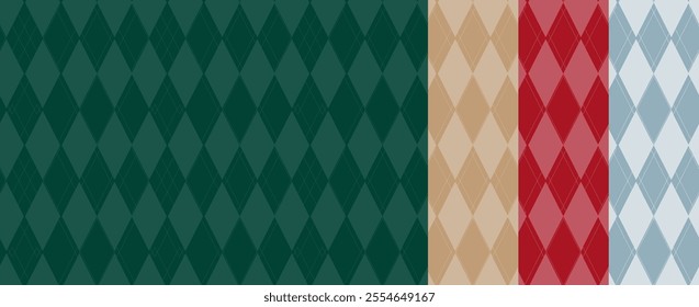 Christmas Background in Golf Textile Print, Emerald Diamonds with Gold Accent Lines. Seamless Pattern Tile on Dark Green, Brown, Red, Light Blue Background Pattern.