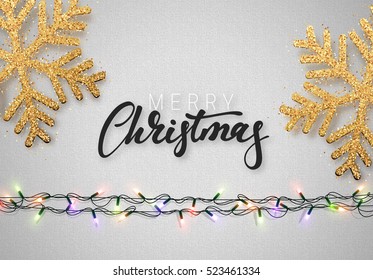 Christmas background gray color with realistic garlands and beautiful snowflakes. Template christmas greeting card. Xmas Holiday and Happy New Year