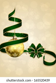 Christmas background with green bow, ribbon and golden balls, illustration.