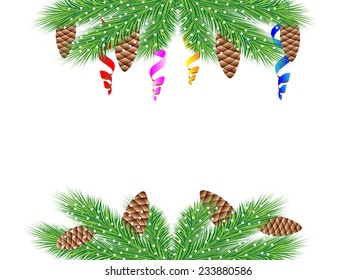 christmas background with green branches, cones and serpentine,  vector  illustration