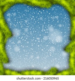 Christmas background. Green branches on the blue falling snow. Vector decoration.