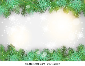 Christmas background with green branches and sparkles, vector illustration, eps 10 with transparency and gradient mesh