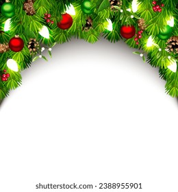 Christmas background with green fir branches, red and green balls, pine cones, holly, mistletoe, and Christmas lights. Season greetings background. Hand-drawn illustration, not AI