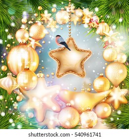 Christmas background with green and golden baubles. EPS 10 vector file included
