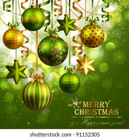 Christmas background with green and golden baubles. Vector illustration.