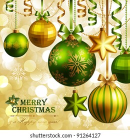 Christmas background with green and golden baubles. Vector illustration.