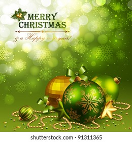 Christmas background with green and golden baubles. Vector illustration.