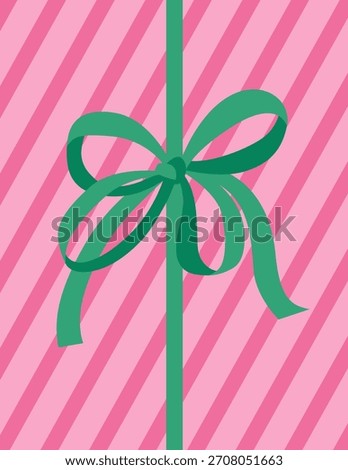 Christmas background with green hand drawn ribbon bow. Gift box wrapped in pink striped paper. Flat style vector illustration  EPS10 for greeting card, festive banner.