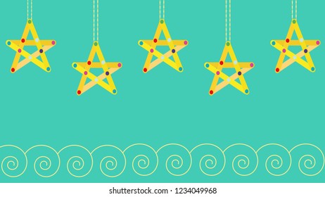 Christmas background green, handmade yellow stars and waves repeating as an element of decor, Christmas card with space for text, congratulations, inscriptions