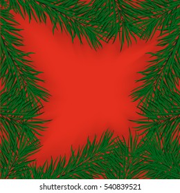 Christmas background, green pine branches on a red background, a place for an inscription