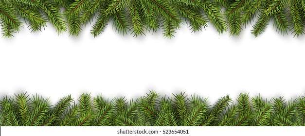 Fundo de Natal ramos de pinheiro verde em branco, ilustração vetor realista.