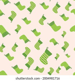 Christmas background with green, red stockings, wrapping paper and background image. Christmas stockings seamless pattern.