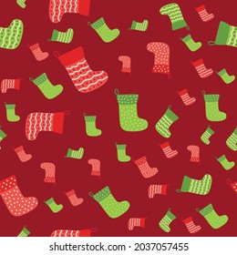 Christmas background with green, red stockings, wrapping paper and background image. Christmas stockings seamless pattern.