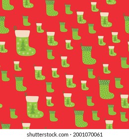 Christmas background with green stockings, wrapping paper and background image. Christmas stockings seamless pattern.