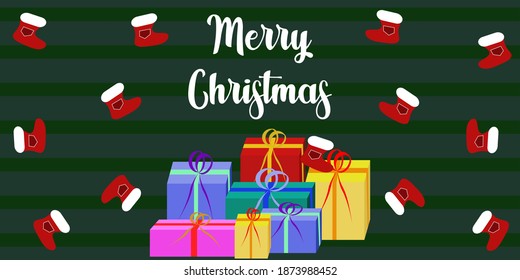 Christmas background in green with tinsel for holiday banners and labels. Elements of gift boxes and Xmas socks. Vector illustration.