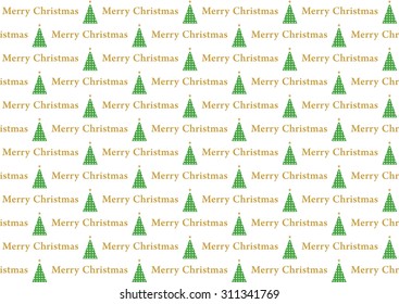 Christmas background with green Christmas tree with gold stars and gold banner Merry Christmas