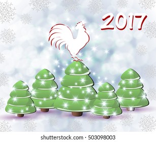 Christmas background with green Christmas tree and rooster