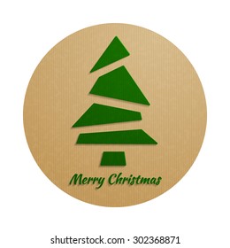 Christmas background with a green Christmas tree, from simple triangles, flat style, with realistic vector imitation craft paper. Vector illustration.