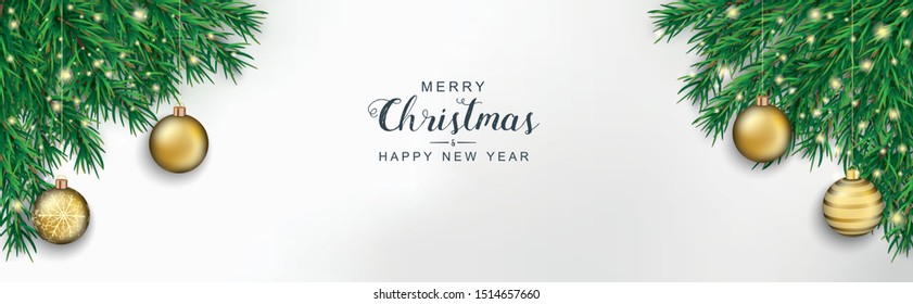 Christmas background with green twigs and golden baubles. Eps 10 vector file.