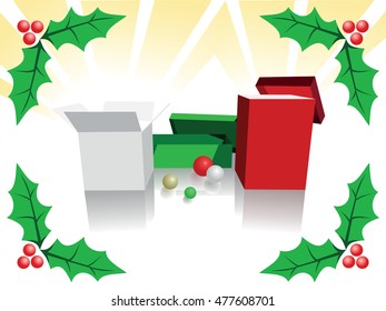 Christmas background of green, white and red boxes, holly leaves and fruits