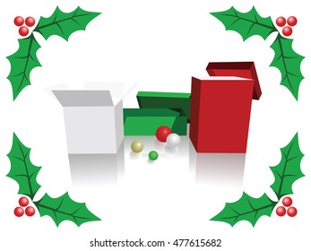Christmas background of green, white and red boxes, holly leaves and fruits