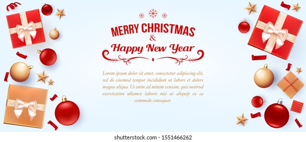 Christmas background greeting Card. Concept of Flyer, poster, invitation, banner. Illustration with decoration elements balls, gold stars, gifts and place for text. White background