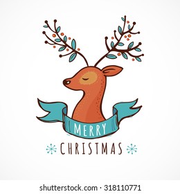 Christmas background and greeting card with a cute deer illustration