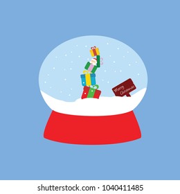christmas background greeting card flat design concept creative art. transparent snow globe, snow ball glass vector isolated. gift & presents isolated & santa claus. merry christmas cartoon postcard